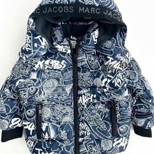 Little Marc Jacobs Boys Bomber Puffer Navy Blue Streetwear Graffiti Jacket 2Y